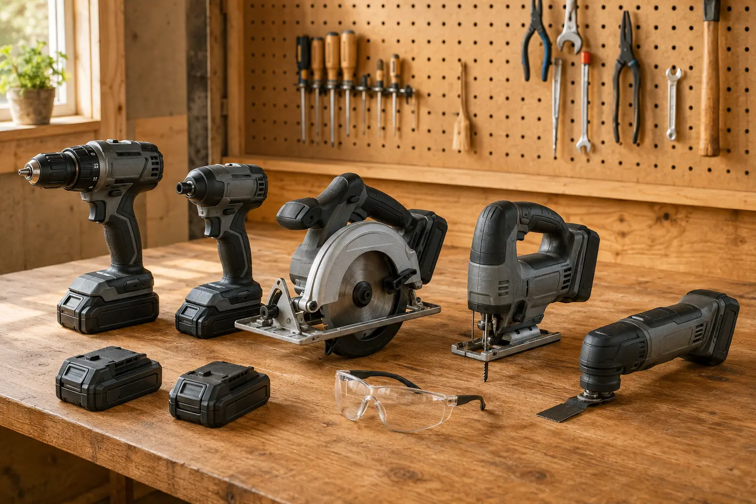 Illustrated homeowner workbench with a cordless drill, impact driver, circular saw, jigsaw, and oscillating multi-tool