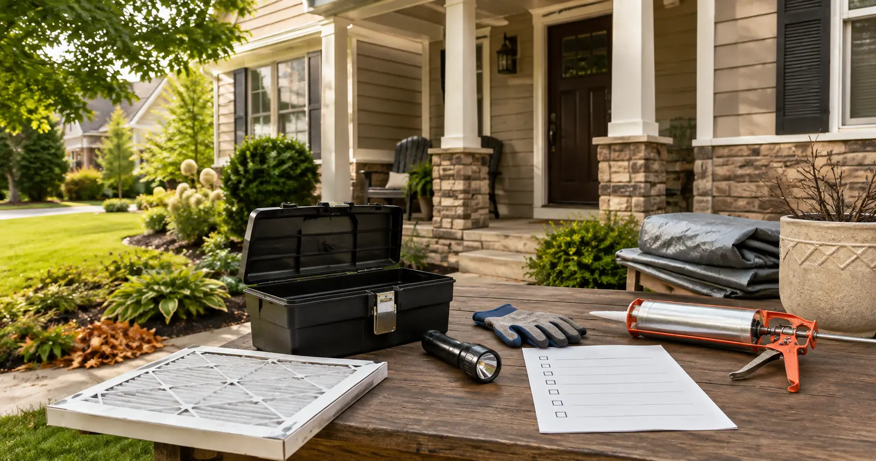 Home maintenance tools, an HVAC filter, and a blank monthly checklist on a porch table