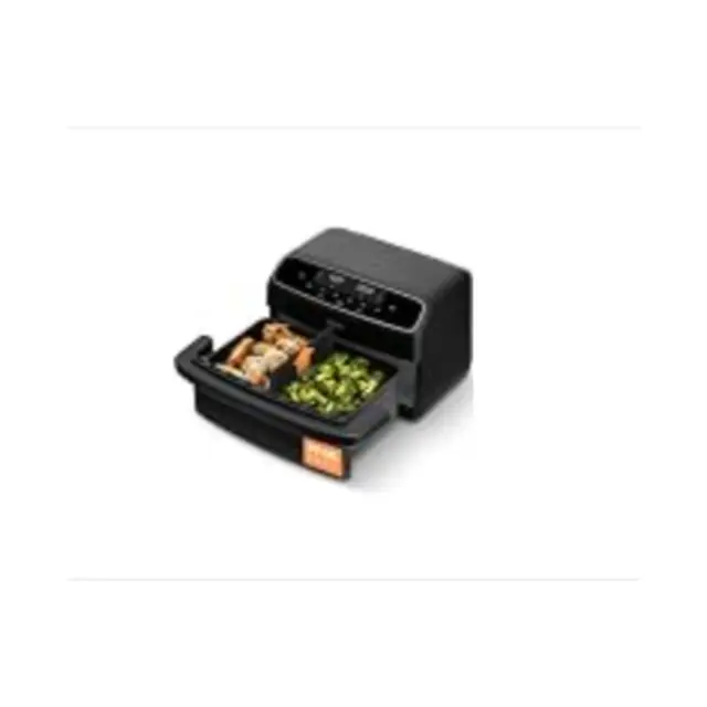 Cosori TWINFRY 9 Qt air fryer with its divided cooking basket open